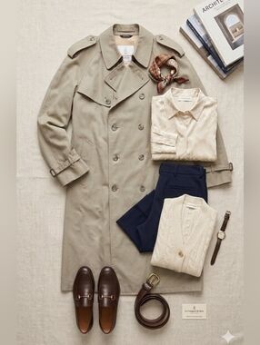 Classic Men's Trench Coat in Pale Khaki - Double-Breasted Belted